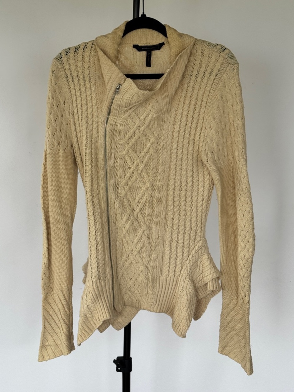 BCBG Cream Cable Knit Asymmetrical Zip Cardigan